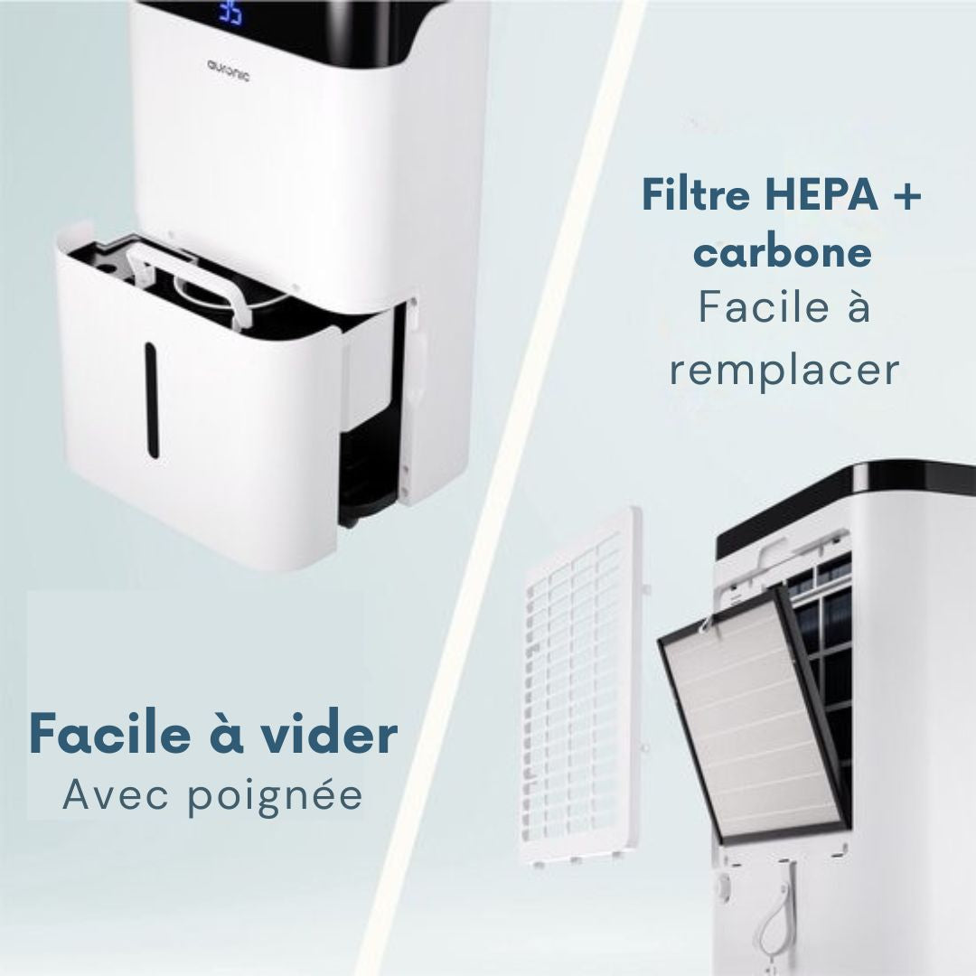 Déshumidificateur et purificateur d'air Auronic - Better Plus Series - Déshumidifie 12L par jour - Réservoir d'eau de 5L - Chambre à coucher, salle de bain, salon et bureau - Blanc