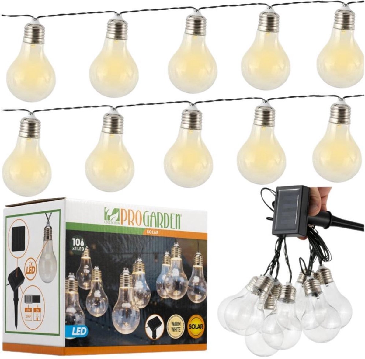 Lumières de fête - Solaire - 10 lampes LED - Transparent - Blanc chaud