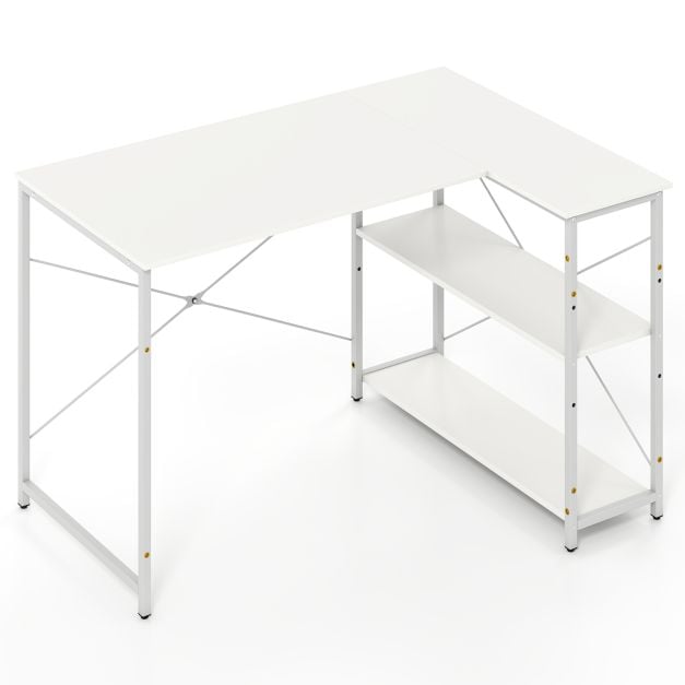 Bureau d'angle réversible en L Coast avec 2 étagères – 118 x 86 x 74 cm – Blanc
