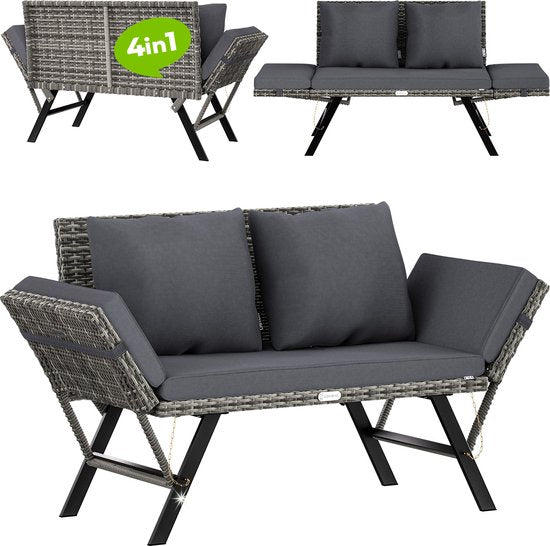 Banc de jardin Casaria Polyrattan - réglable avec coussins - Gris