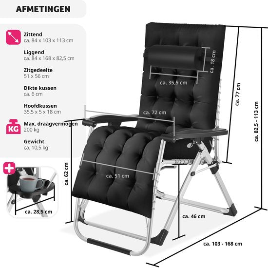 Chaise longue pliante, Tectake®, Chaise longue de jardin, Avec coussin, Chaise longue inclinable, Noir