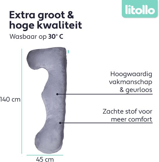 Oreiller de grossesse Litollo® XL - Oreiller d'allaitement - Oreiller de corps - Body pillow - 140 cm - Housse amovible - Gris - Polaire