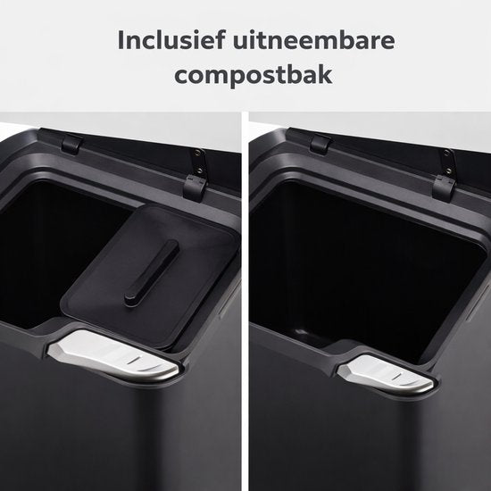 Bayt Trash Can 60 Liter - Poubelle 60 litres - Séparation des déchets - 2 compartiments - Acier inoxydable - Noir