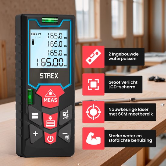 Strex Laser Distance Meter 60m Range - Laser Meter - Incl. Batteries & Protective Case