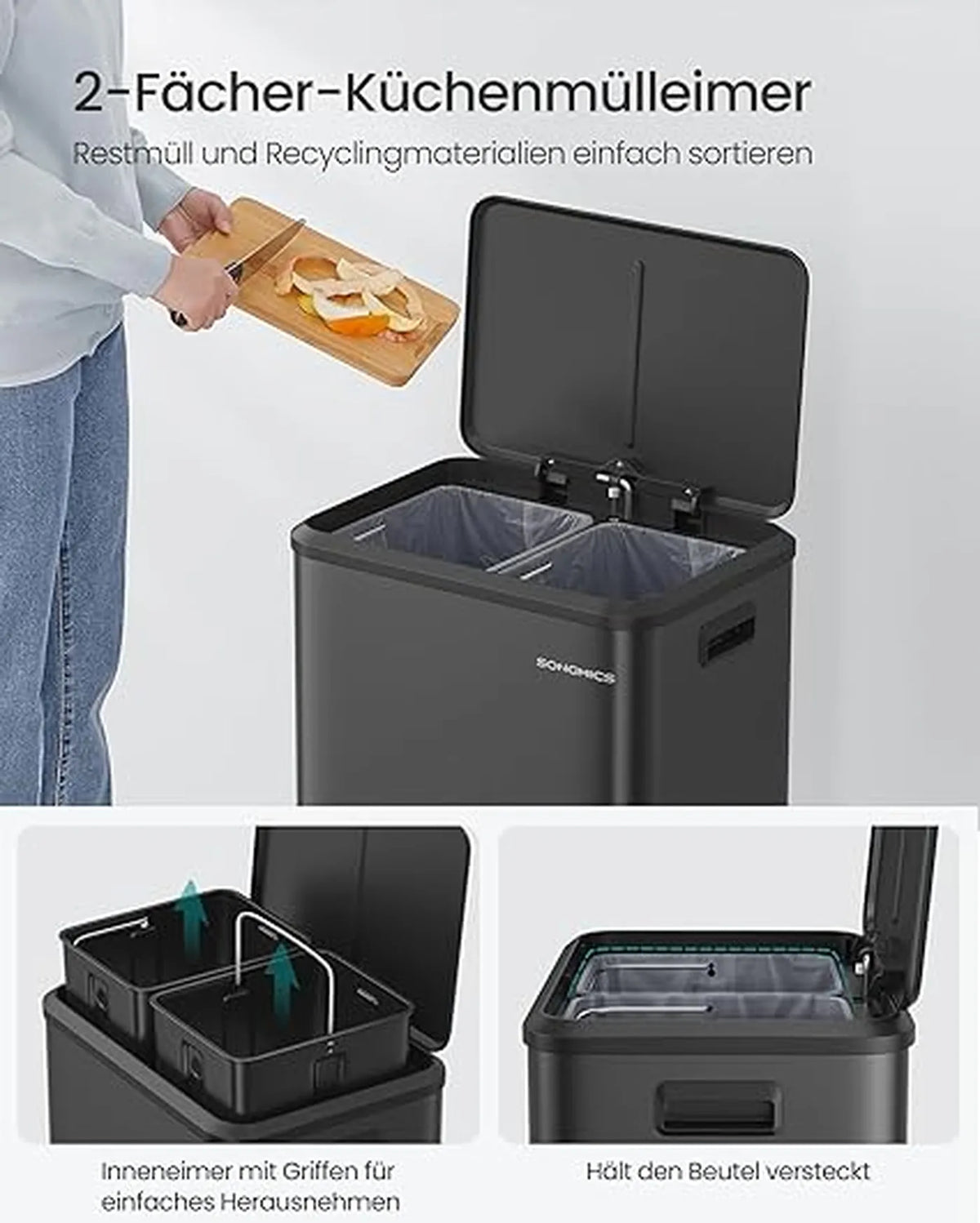 Système de tri des déchets de cuisine Songmics 30 L – 2 poubelles de 15 L – Noir d'encre – Acier