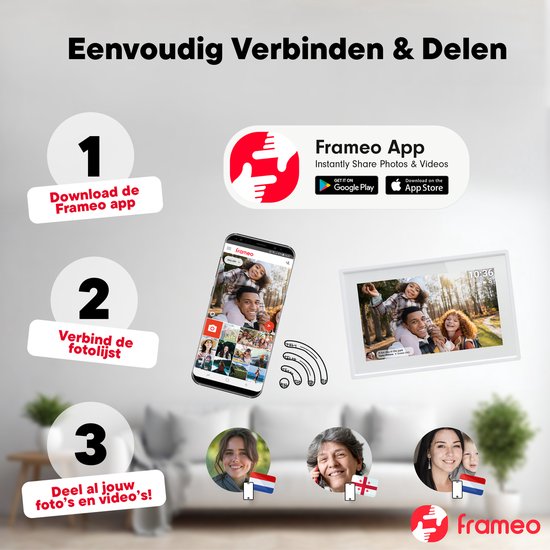 Cadre photo numérique Denver 7 pouces - Frameo App - Cadre photo WiFi - Ecran tactile IPS - 8GB - PFF725W