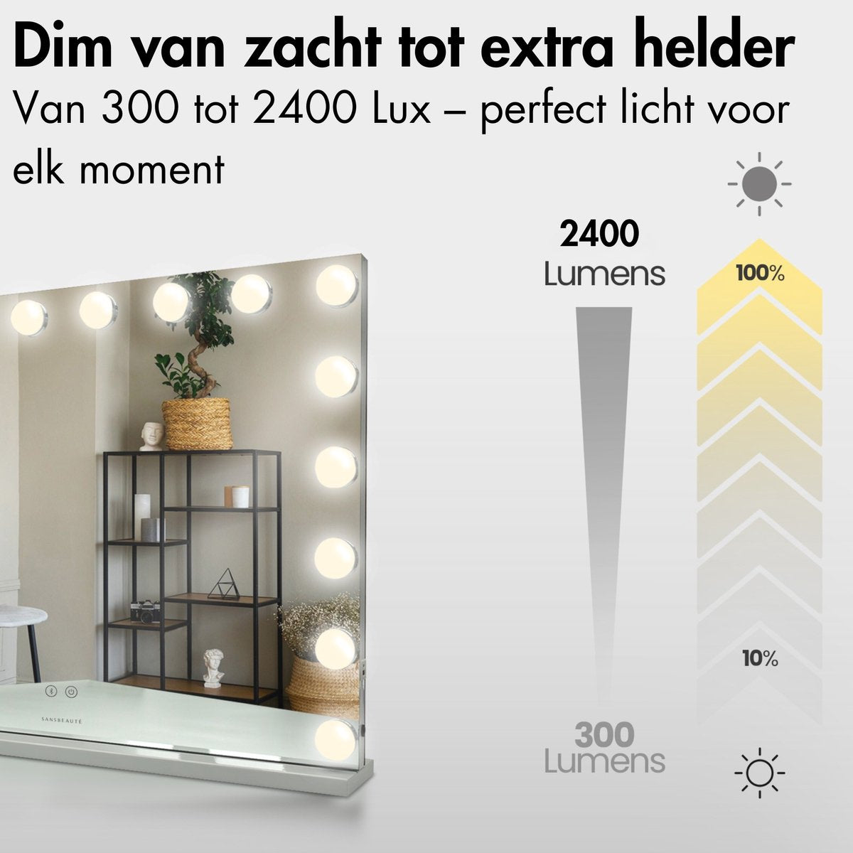 Sansbeauté® Hollywood Mirror 80x60 cm - Miroir de maquillage - 18 lampes LED - grossissement 10x - dimmable - port de charge USB - Touch Control - Bluetooth - Multi