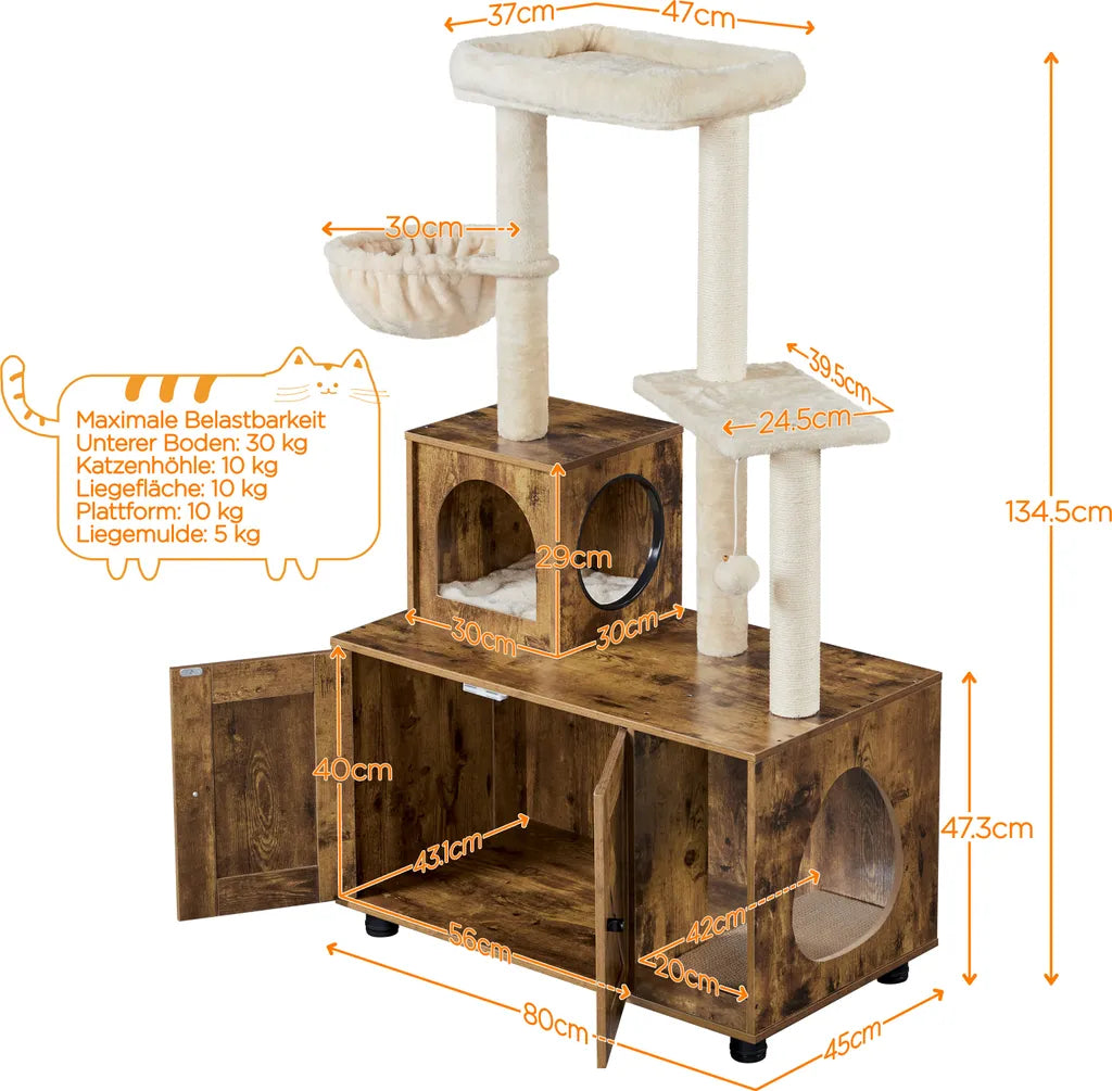 Yaheetech : Arbre à chat avec meuble pour litière 80 x 45 x 134,5 cm - Marron/Beige vintage - Meuble pour chat 2-en-1 avec arbre à chat et meuble pour litière