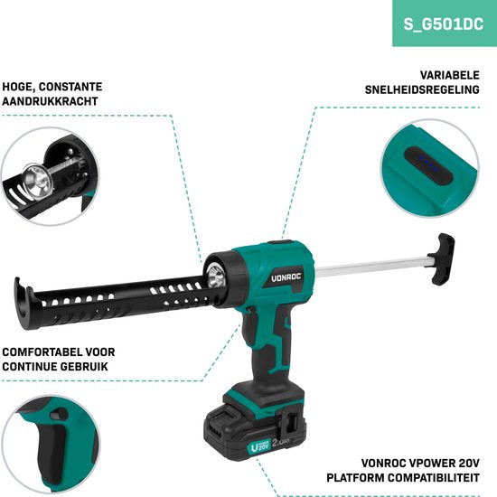 Pistolet à mastic sans fil VONROC 20 V - force de poussée 1,18 kN/120 kg - avec réglage de vitesse variable - compatible avec toutes les cartouches de mastic courantes - Batterie 2,0 Ah et chargeur rapide inclus