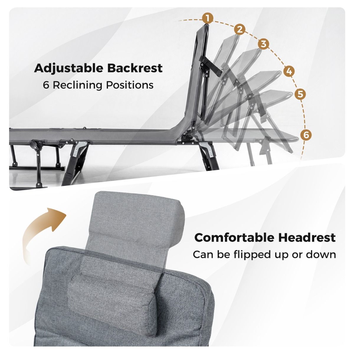 Lit de camping Coast 3-en-1 : lit de camp et chaise longue pliables - 6 positions - Gris et noir