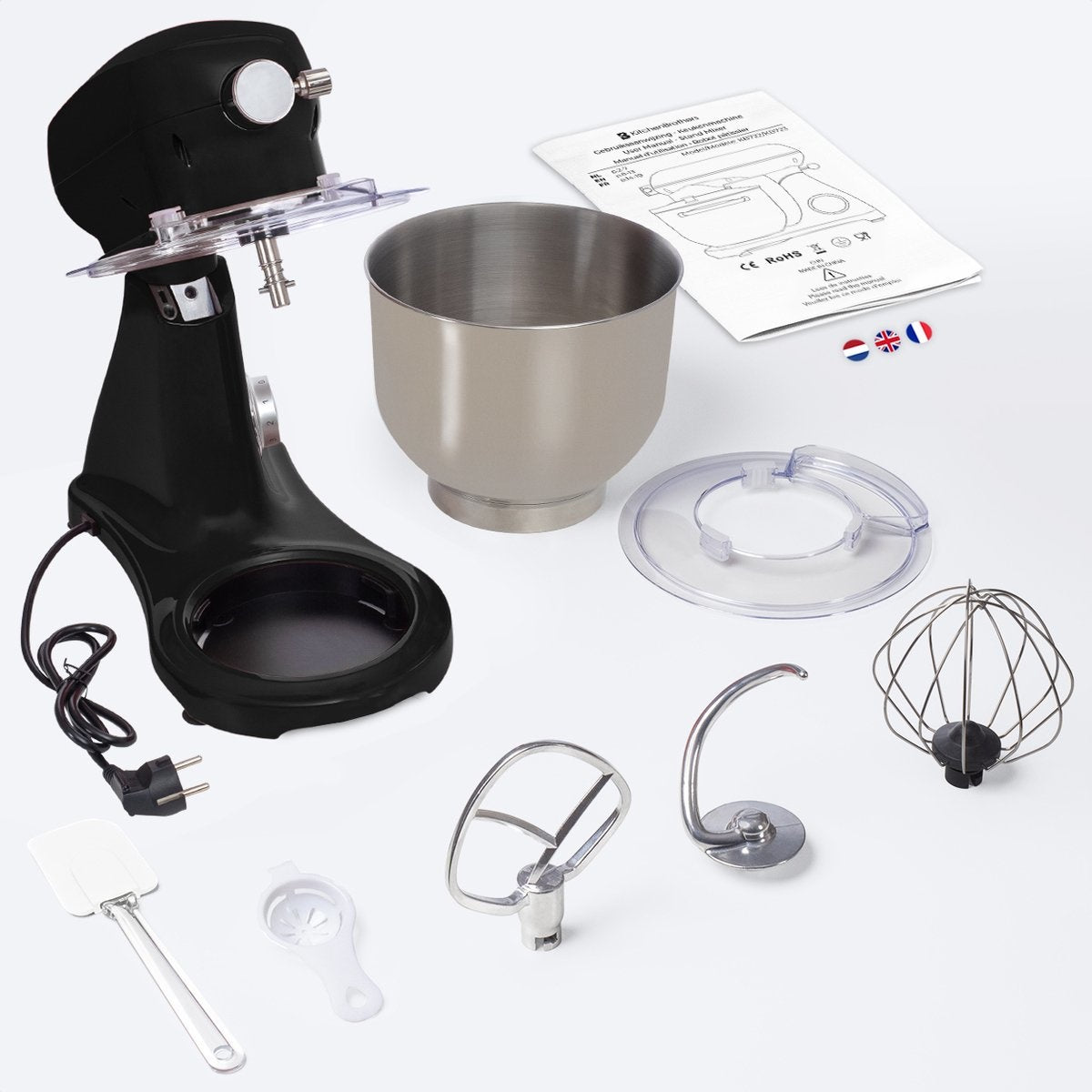 KitchenBrothers Food Processor - Batteur de cuisine avec bol en acier inoxydable de 6L - 1800W - Noir
