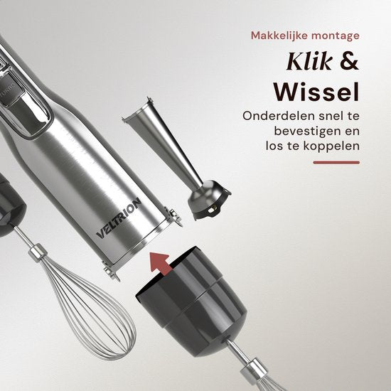 Ensemble mixeur plongeant PRO 6-en-1 - 1 100 W - Lames en titane - Spatule offerte - Fonction turbo - Comprend un hachoir, un fouet, un mousseur à lait et un verre doseur - Sans PFAS