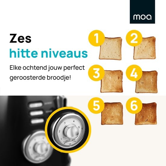 Grille-pain rétro MOA - 6 niveaux de chaleur - 2 fentes extra-larges - 850W - Fonctions de réchauffage et de décongélation - Noir - T3B