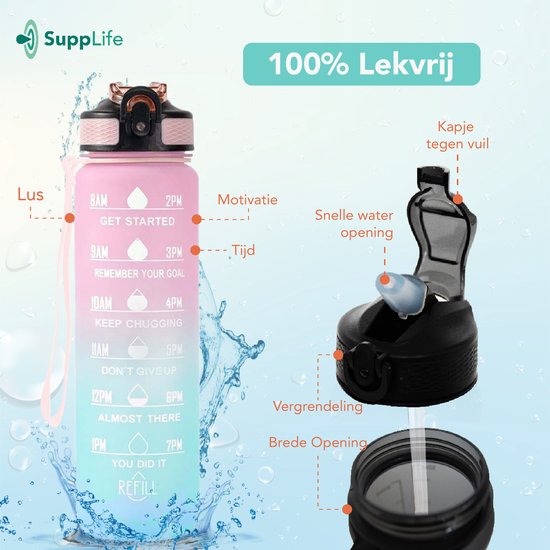 Gourde Supplife - 1 litre - avec paille - Motivation - Gourde de sport - Sans BPA - Rose Aqua