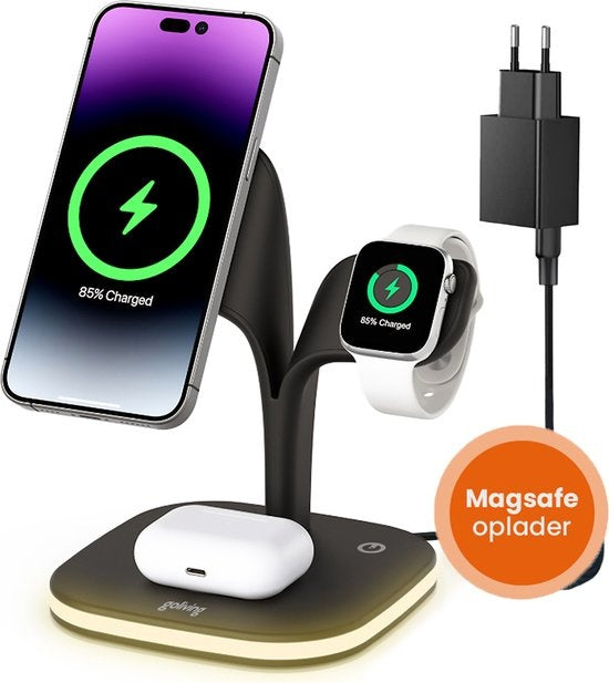 Goliving 5-in-1 Wireless Qi Charging Station - Chargeur sans fil Magsafe - Convient à l'iPhone, à l'Apple Watch et aux Airpods - Comprend une veilleuse à intensité variable et une sortie USB - Chargement rapide de 15 W - Noir