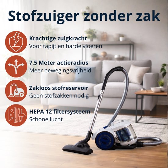 Aspirateur sans sac Dirt Devil DD2503 - Aspirateur 800 W avec filtre HEPA 12 - Aspirateur cyclonique avec brosse combinée, suceur pour fentes et embout pour meubles - Bac à poussière de 2,2 L - Blanc/Bleu