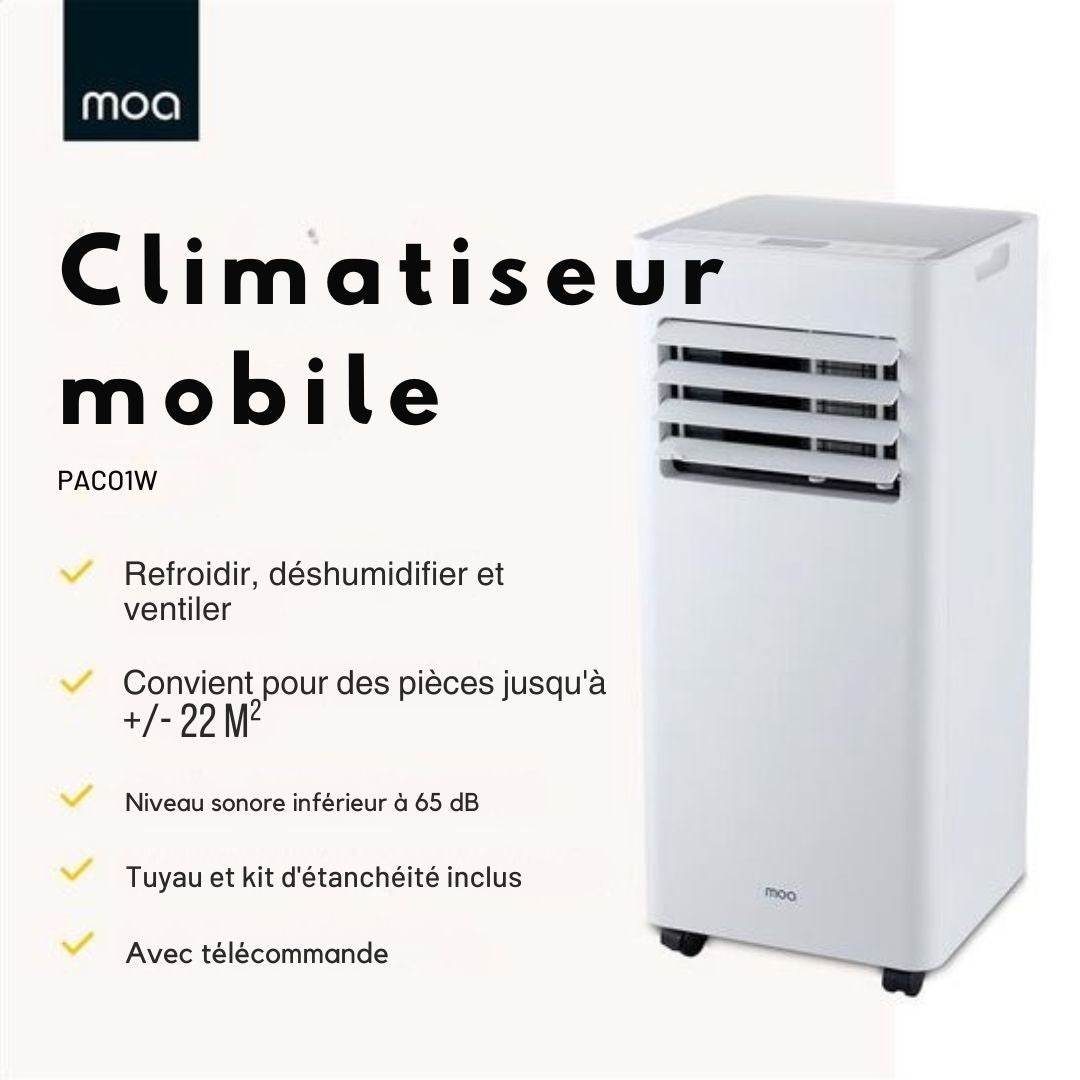 Climatiseur mobile MOA - 7 000 BTU - Avec télécommande - Jusqu'à 22m² - Pour le salon et la chambre - avec fonction de déshumidification - Scellant pour fenêtre - Blanc