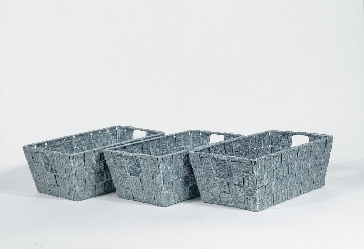 Lot de 3 paniers de rangement Kevahome - Lanières tressées en PP - Modèle sac de transport - Bleu foncé - 30,5 x 16,5 x 11,5 cm