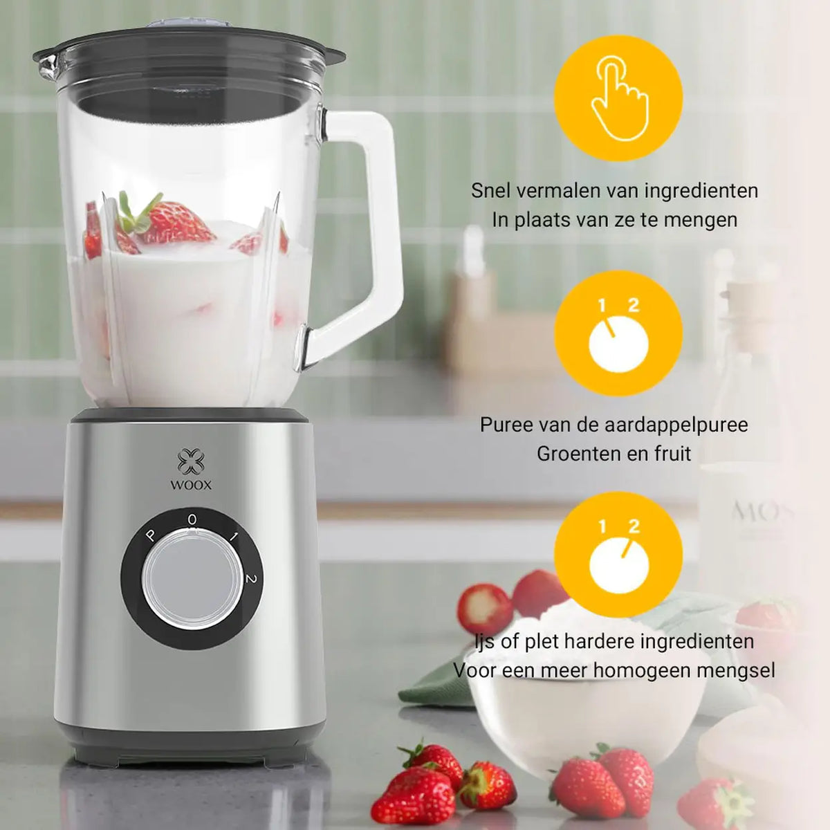 Mixeur Woox MX0198 - Argent - 1 000 W - 1,5 litre - Lame en acier inoxydable à 10 lames - 3 vitesses avec fonction « Pulse » - 20 x 20 x 38 cm