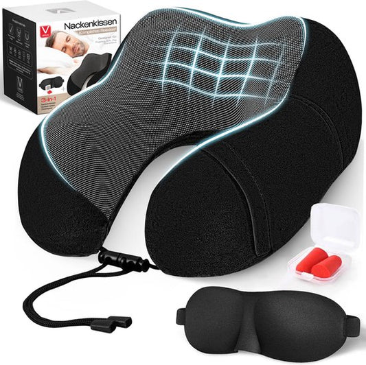 VAIVE Comfort Neck Pillow Airplane & Car - Optimal Support - Memory Foam - Travel Pillow - Plus Sleep Mask & Earplugs