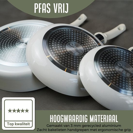 COOCK Batterie de cuisine à induction 19 pièces - Revêtement spécial antiadhésif - Poignées ergonomiques à froid - Aluminium recyclé - Ensemble de poêles à frire - Ensemble de casseroles - Blanc - Sous-verres et livre électronique inclus
