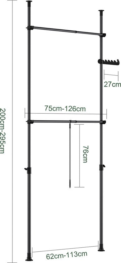 SoBuy Portemanteau télescopique - Système de rangement réglable - Système de penderie - L(75-126) × H(200-295) cm, Noir, FRG109-II-SCH