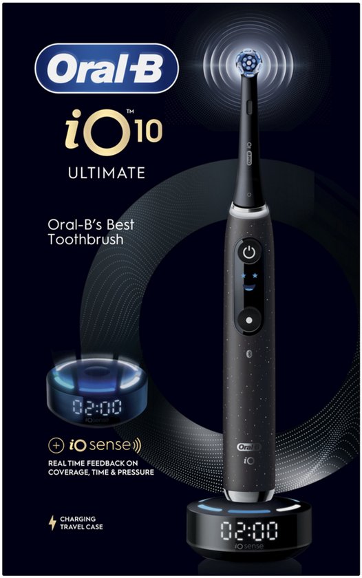 Brosse à dents électrique Oral-B iO 10 - Noire - avec étui de voyage rechargeable et support pour brossettes