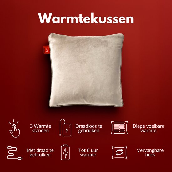 Coozie Rechargeable Heat Pillow - sans fil et filaire - 45-65°C - Velours - 45 x 45 cm - Beige - Oreiller électrique - Powerbank incluse - Jusqu'à 8 heures de chaleur