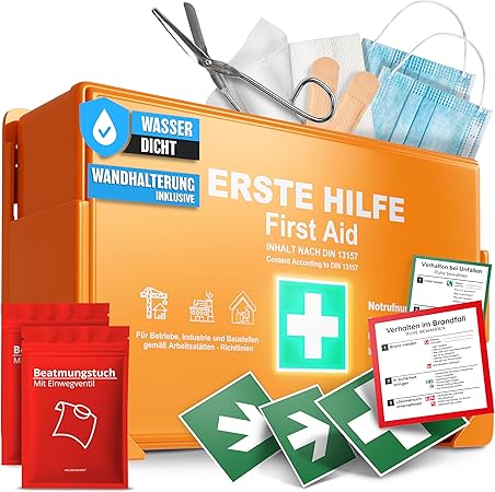 HELDENWERK Boîte de premiers secours version 2026 [DIN 13157:2021] avec support mural & 5 x autocollants | trousse de premiers secours pour le bureau, le ménage et la restauration - boîte de premiers secours d'entreprise remplie, armoire sanitaire