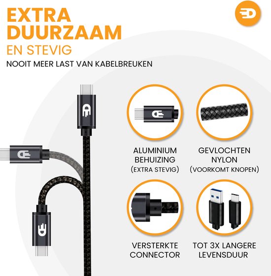 Drivv. Câble USB vers USB C - Chargeur rapide - Câble de données et de charge USB C - 3 mètres - Convient à Samsung, iPhone 15 et autres - Noir
