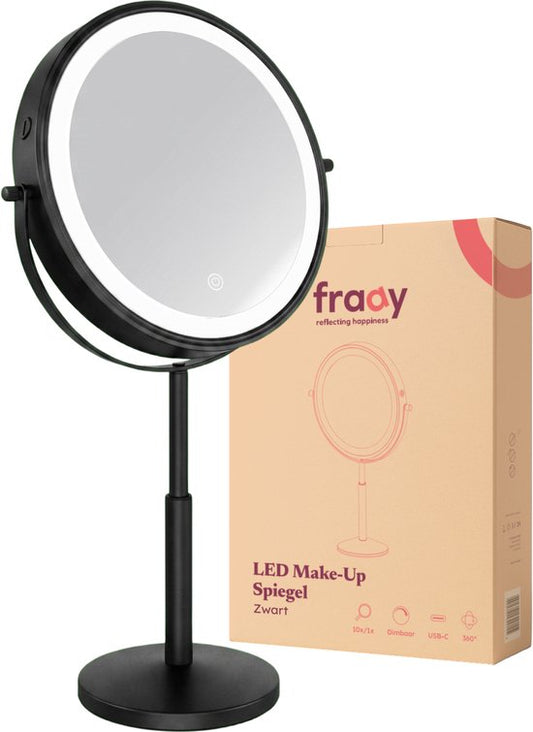 Miroir de maquillage Fraay® XXL avec éclairage LED - Grossissement 10x - Miroir grossissant avec éclairage - Rechargeable - Miroir de rasage - Miroir de salle de bains - Noir