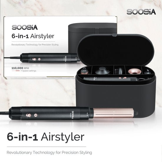 Soosia 6-in-1 Airstyler - Sèche-cheveux et fer à friser - Sèche-cheveux - Multistyler - Brosse à cheveux et brosse à boucler - Enveloppe pour cheveux