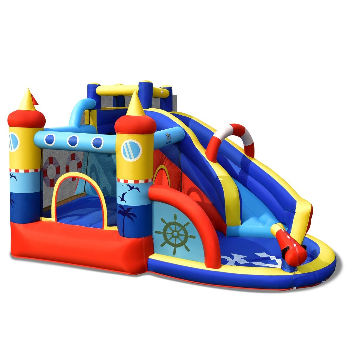 Château gonflable Coast « Bateau pirate » - Parc aquatique 5 en 1 avec toboggan et mur d'escalade - Pistolet à eau et ventilateur inclus - 360 x 290 x 200 cm