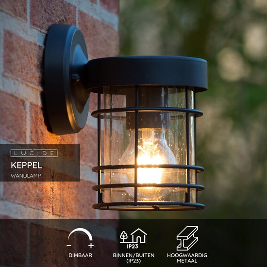 Lucide KEPPEL - Applique murale intérieur/extérieur - 1xE27 - IP23 - Noir