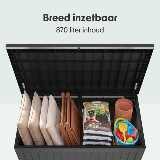 LifeGoods Boîte de rangement - 870L - Boîte à coussins - Étanche - Boîte à coussins de jardin - Inoxydable - Boîte de jardin - 146,5x81,5x85,6 cm - Noir