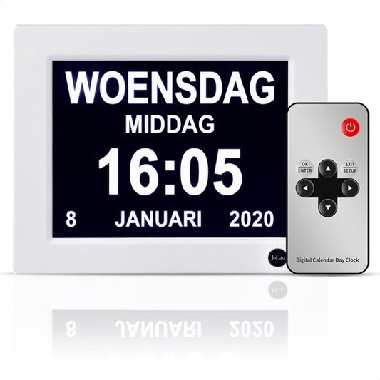 SafeLife Dementia Clock XL - Horloge calendrier numérique avec date et jour - Réveil médical, fonction alarme et fonction cadre photo - Horloge Alzheimer / Horloge Seniors