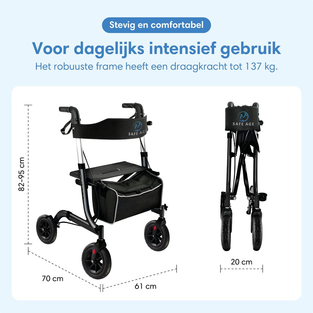 Rollator Safe Life - Pliable - Léger - Siège intégré - 61 x 70 x 85-99 cm - Roues en caoutchouc - Noir