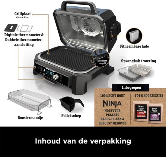 Ninja Woodfire Pro Connect XL - Barbecue électrique intelligent 7-en-1 et fumoir - Thermomètre de cuisson numérique inclus - Application Connect - OG901EU