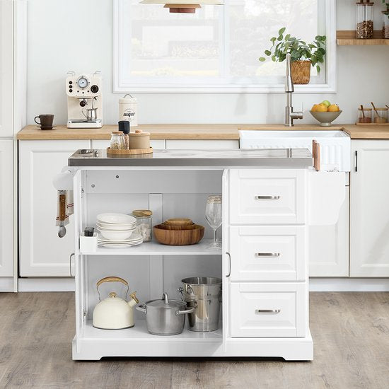 Chariot de service SoBuy - Chariot de cuisine blanc avec plateau rabattable - 3 tiroirs, 2 portes, étagères réglables | FKW41-II-ST