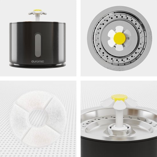 Abreuvoir Auronic - Fontaine à eau pour chats et chiens - 2.4L - Abreuvoir pour animaux - 3 filtres et 2 brosses inclus - Noir
