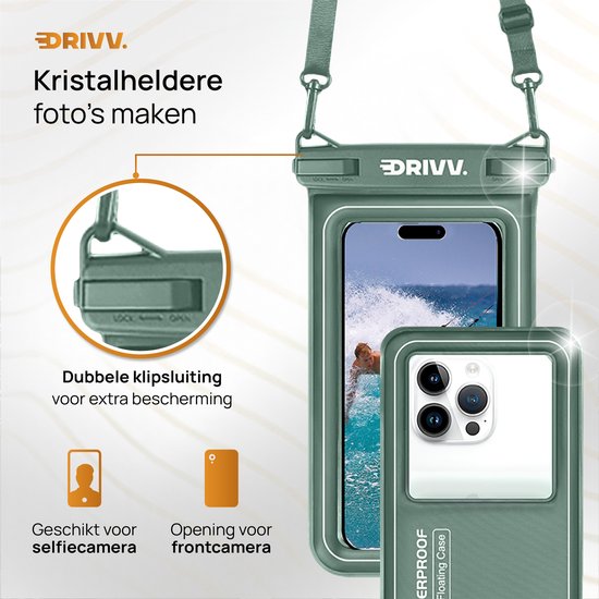 Drivv. Étui étanche de luxe pour téléphone portable - flottant - fermeture à double clip - téléphones jusqu'à 6,8 pouces - étui étanche pour téléphone portable - vert armée