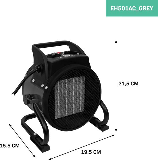 VONROC Chauffage électrique - Jet heater - ventilateur - céramique - 3 réglages : 1000W/2000W/ventilateur - pour des pièces jusqu'à 20m2 - gris