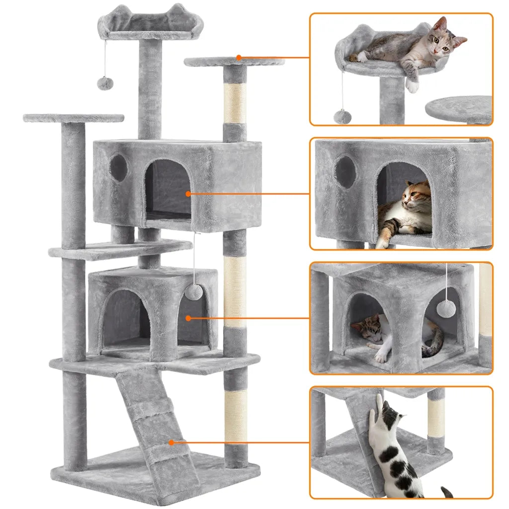 Arbre à chat Yaheetech de 178 cm avec deux niches pour chats, gris clair