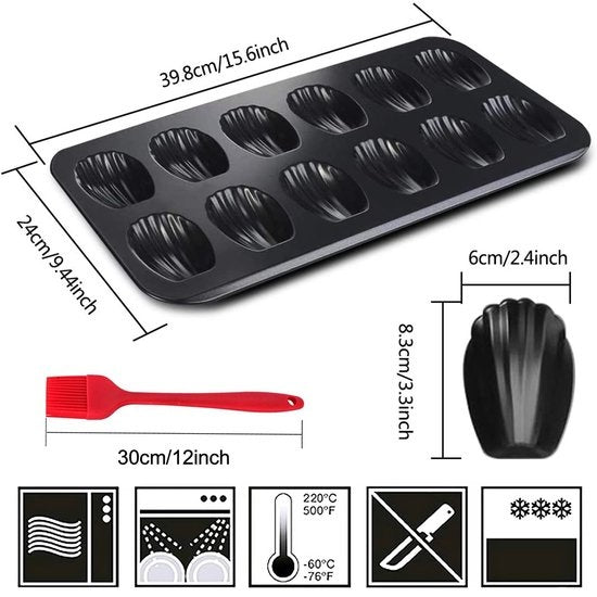 Homewell - Moule à Madeleine avec 12 formes de coquilles - Revêtement antiadhésif - Pinceau et livre électronique inclus