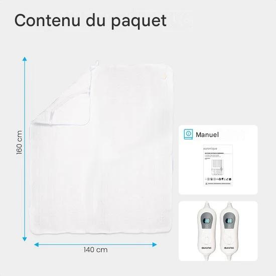 Couverture électrique - Auronic - 2 personnes - 160x140cm - avec élastiques d'angle et 2 contrôleurs - Blanc