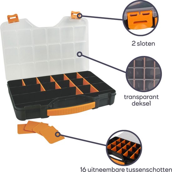 Boîte d'assortiment Perel, max. 20 compartiments, 16 séparateurs, couvercle transparent, empilable, 326 x 257 x 48 mm, jaune/noir