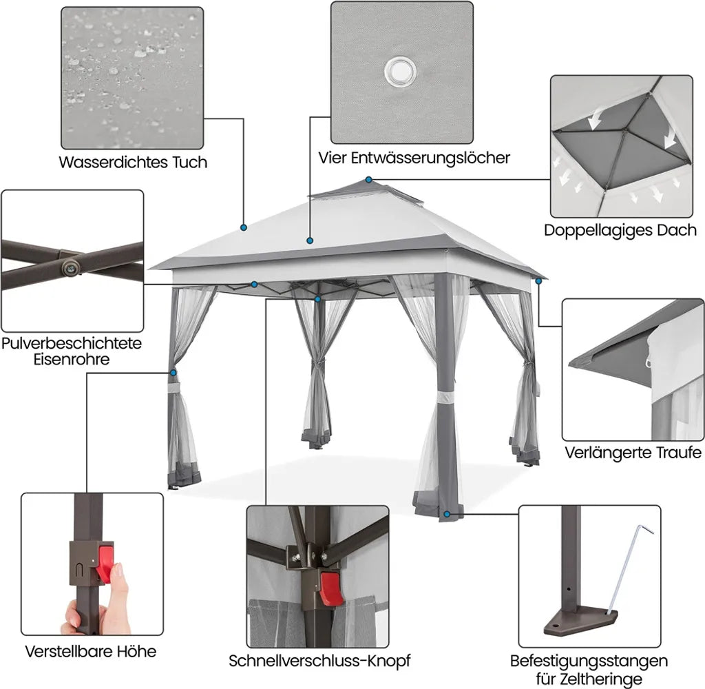Tente de fête pliable Yaheetech 330 x 330 cm - Gris clair/Gris foncé - Pavillon de jardin pliable avec double toit et 4 parois latérales en filet