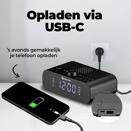 Denver Radio-réveil DAB avec Bluetooth - Réveil numérique - Chargement via USB-C - Radio FM - Double alarme - CRD515