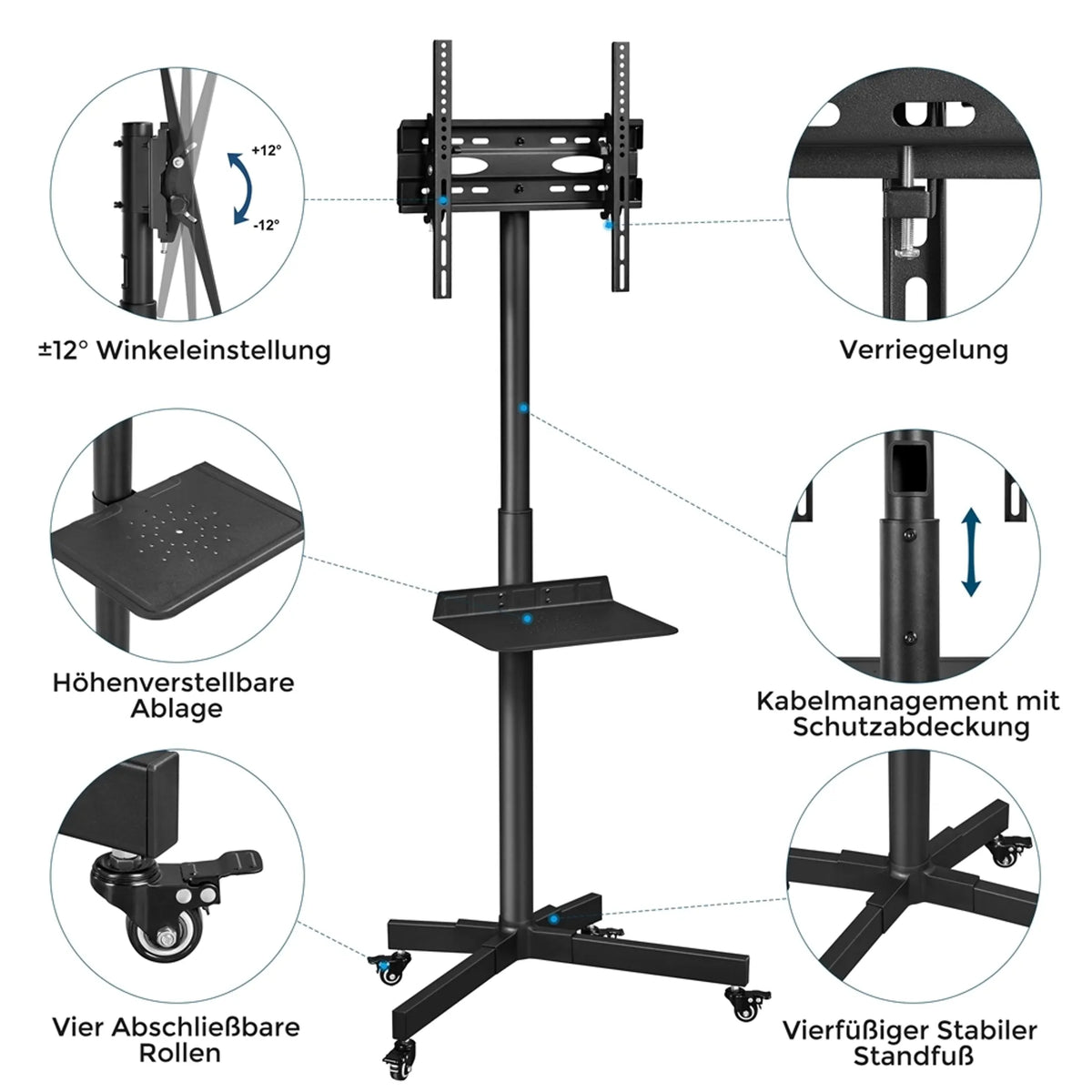 Support TV sur roulettes pour téléviseurs de 23 à 60 pouces, réglable en hauteur et pivotant, noir
