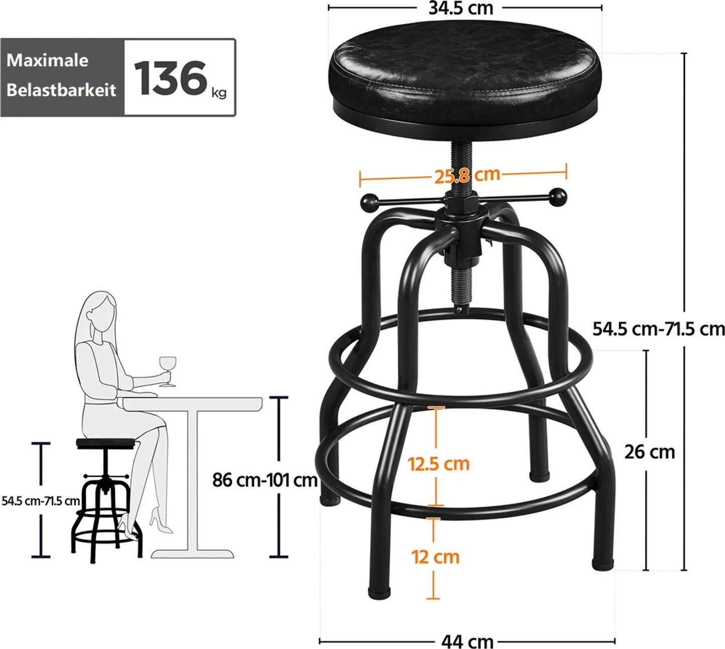 Tabouret de bar Yaheetech Vintage - Noir - Réglable de 54,5 à 71,5 cm - Simili cuir - 136 kg - Avec repose-pieds